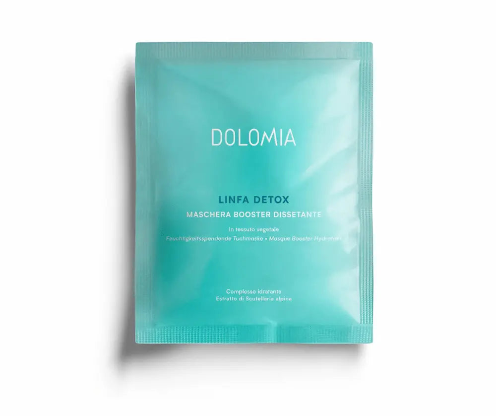Dolomia Linfa Detox Maschera Booster Dissetante, feuchtigkeitsspendende Tuchmaske im türkisen Sachet, Vorderansicht