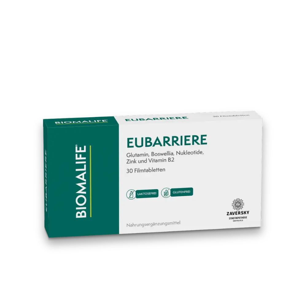 Verpackung Biomalife Eubarriere mit Glutamin, Boswellia, Nukleotide, Zink und Vitamin B2, 30 Filmtabletten, laktose- und glutenfrei