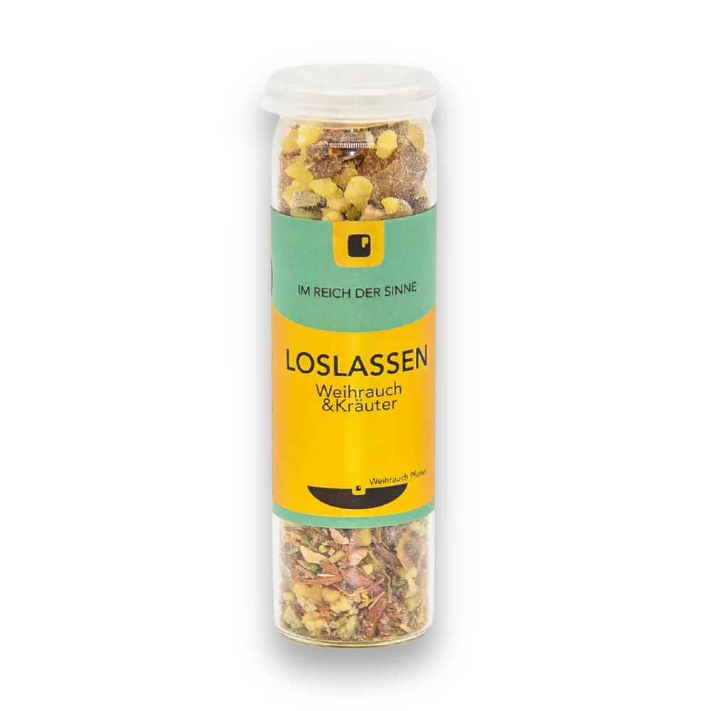 Glasdose „Loslassen" mit Weihrauch und Kräutern, gelb-grünes Etikett, Aufschrift „Im Reich der Sinne", gefüllt mit Harzstücken und Kräutermischung