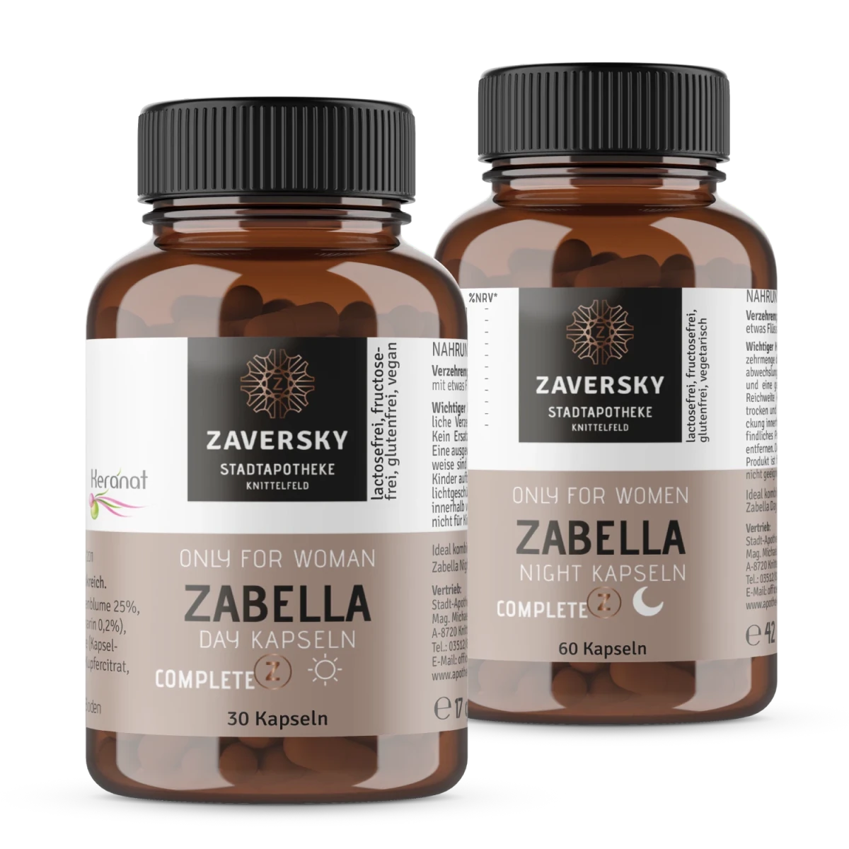 Zwei braune Glasflaschen Zaversky Zabella Complete Day Kapseln mit 30 Stück und Night Kapseln mit 60 Stück, Vorderansicht