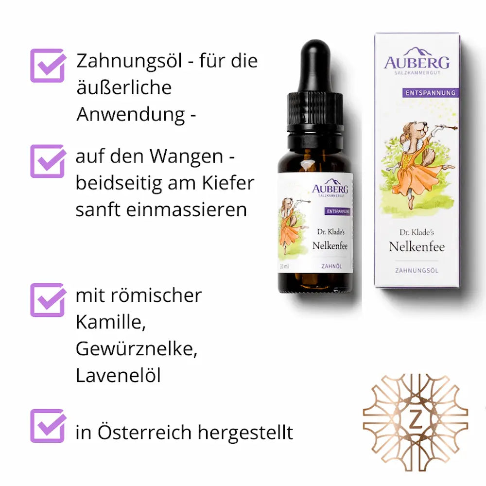 Infografik zu Auberg Dr. Klade's Nelkenfee Zahnungsöl mit Flasche und Verpackung sowie Anwendungshinweisen sowie Vorteilen in Stichpunkten.