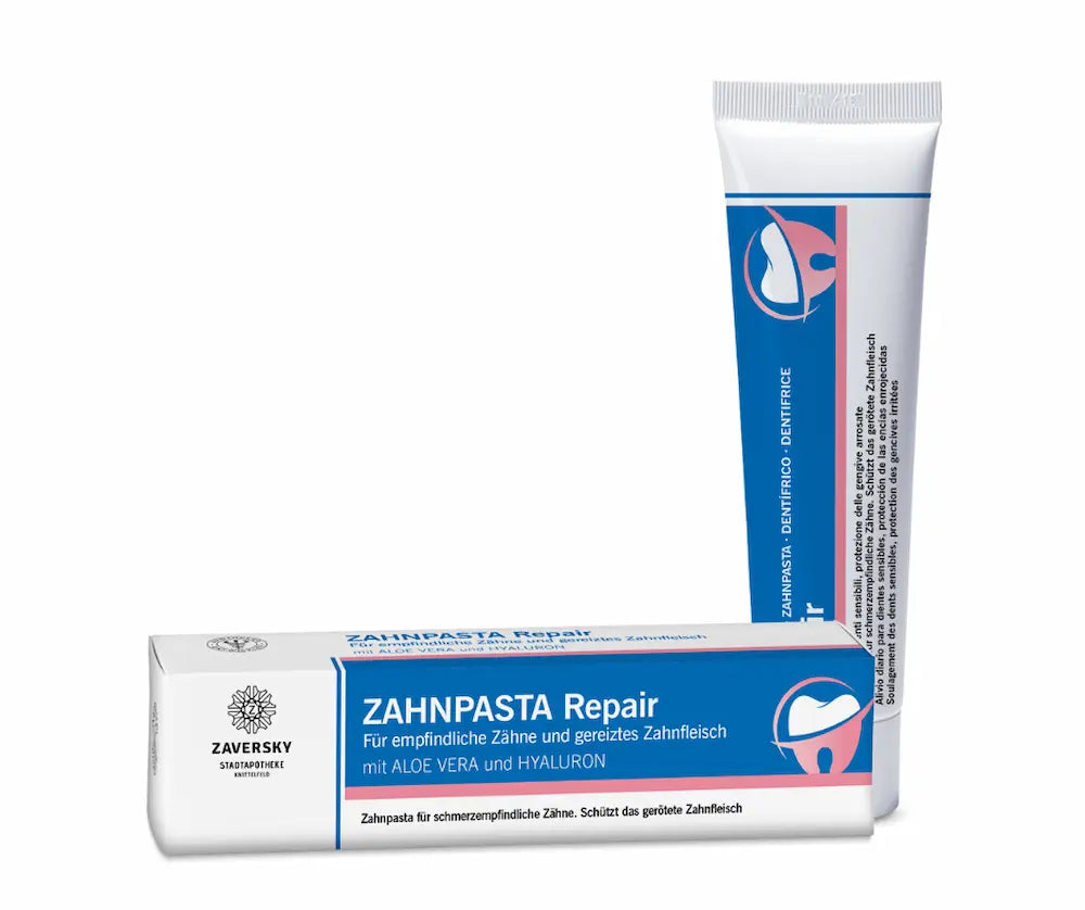 Zaversky Stadtapotheke Zahnpasta Repair für empfindliche Zähne mit Aloe Vera und Hyaluron, blau-weiße Tube mit Faltschachtel