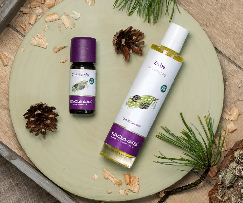 TAOASIS Zirbe Set mit Zirbelkiefer Tropfenflasche und Bio Raumspray auf grünem Teller mit Zapfen und Kiefernzweigen, Draufsicht