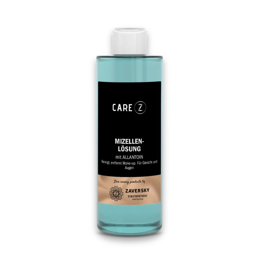 Care Z Mizellenlösung mit Allantoin, türkisfarbene Flasche mit schwarzem Etikett und weißem Schraubverschluss