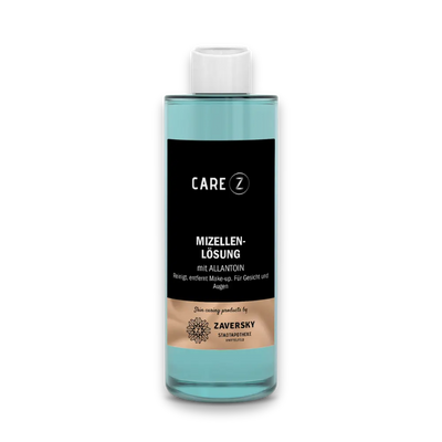 Care Z Mizellenlösung mit Allantoin, türkisfarbene Flasche mit schwarzem Etikett und weißem Schraubverschluss