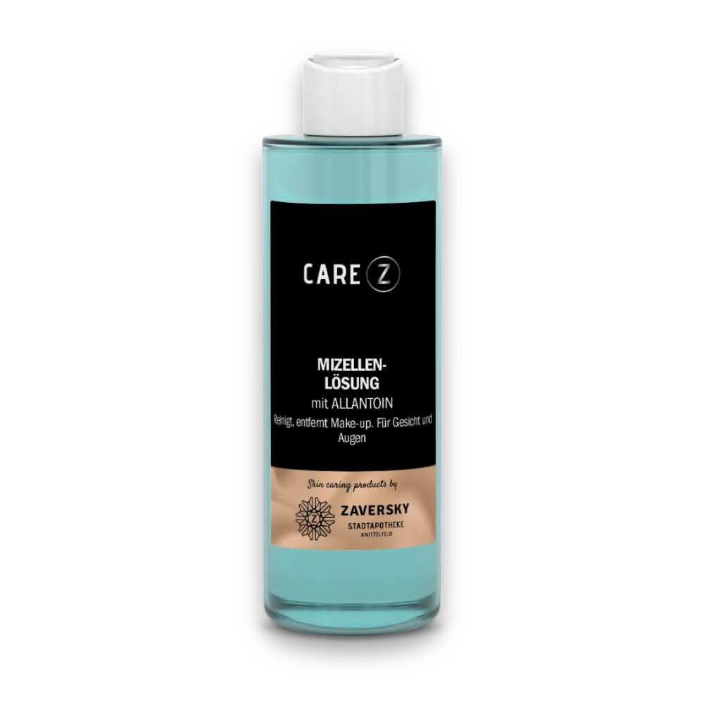 Care Z Mizellenlösung mit Allantoin, kleine türkisfarbene Flasche mit schwarzem Etikett und weißem Schraubverschluss