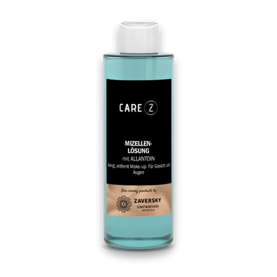 Care Z Mizellenlösung mit Allantoin, kleine türkisfarbene Flasche mit schwarzem Etikett und weißem Schraubverschluss