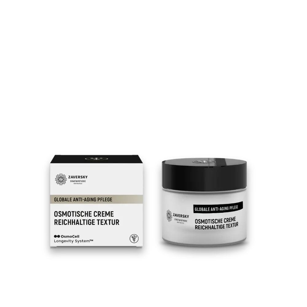 Osmotisch Osmotische Creme reichhaltige Textur, weißer Tiegel mit schwarzem Deckel neben der Faltschachtel