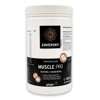Zaversky Muscle Pro Proteinpulver Schoko/Haselnuss in weißer Dose, 800 g, CFM Whey Protein Isolat, ohne Süßungsmittel, glutenfrei