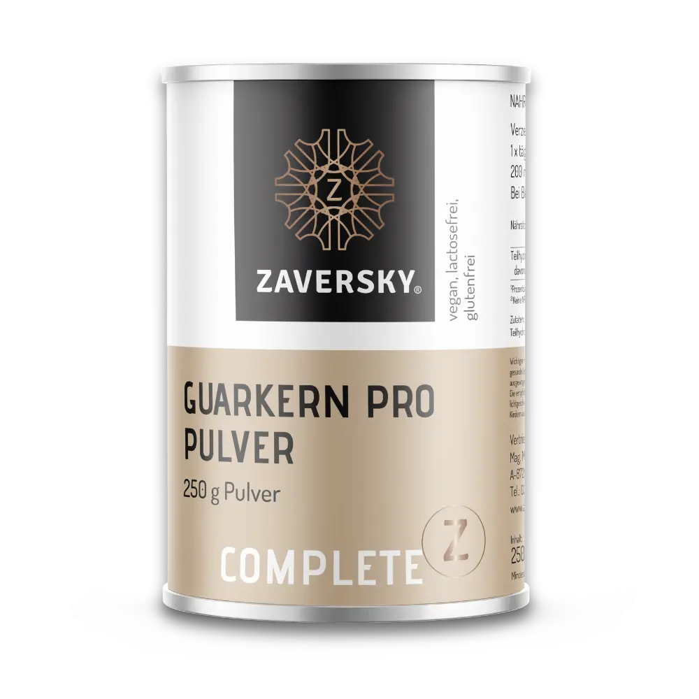 Complete Z Guarkern Pro Pulver von Zaversky, braune Dose mit Metalldeckel und beigem Etikett, 250 g Pulver