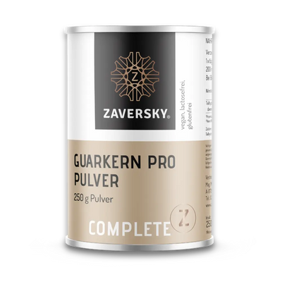 Complete Z Guarkern Pro Pulver von Zaversky, braune Dose mit Metalldeckel und beigem Etikett, 250 g Pulver