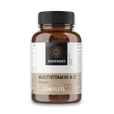 Complete Z Multivitamin A-Z von Zaversky, braune Kapseldose mit schwarzem Deckel und beigem Etikett, 60 Kapseln