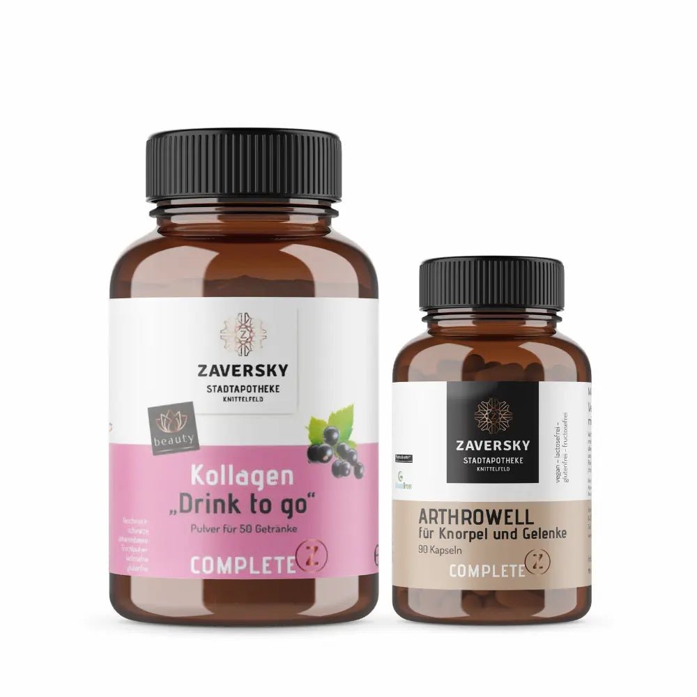 Zaversky Set mit Kollagen „Drink to go" Pulver für 50 Getränke und Arthrowell Kapseln für Knorpel und Gelenke in Braunglasdosen