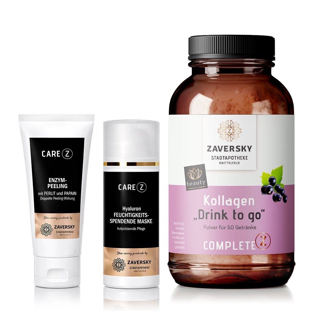 Zaversky Winter Glow Set mit Care Z Enzym-Peeling, Hyaluron Feuchtigkeitsmaske und Kollagen Drink to go Pulver
