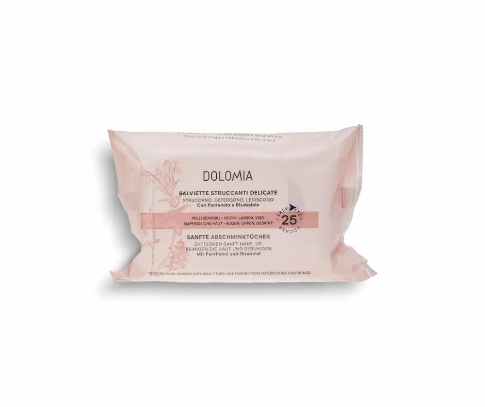 Dolomia Sanfte Abschminktücher in rosa Verpackung mit 25 Tüchern, für empfindliche Haut an Augen, Lippen und Gesicht.
