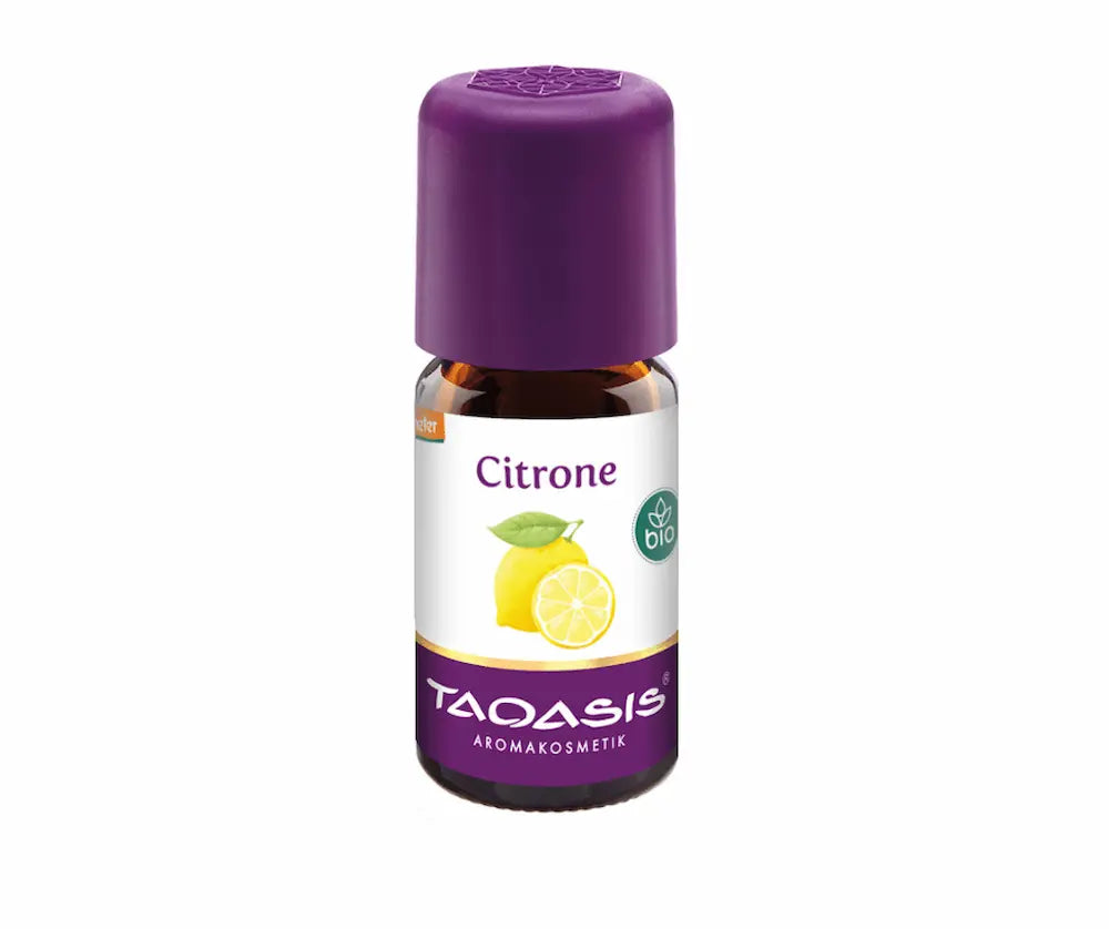 Taoasis Citrone Bio ätherisches Öl in brauner Glasflasche mit lila Verschluss, Etikett mit Zitronen-Illustration und Bio-Siegel
