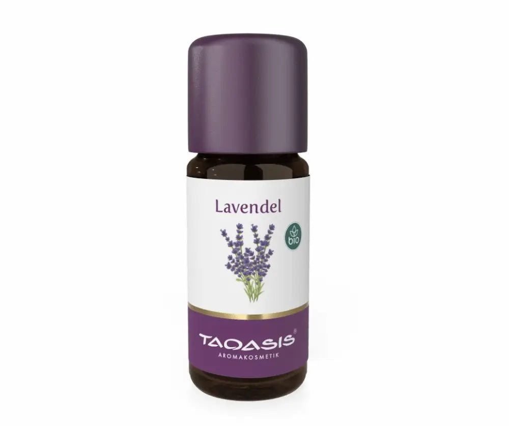Taoasis Aromakosmetik Lavendel Bio ätherisches Öl in brauner Glasflasche mit lila Verschluss und Lavendelmotiv auf dem Etikett