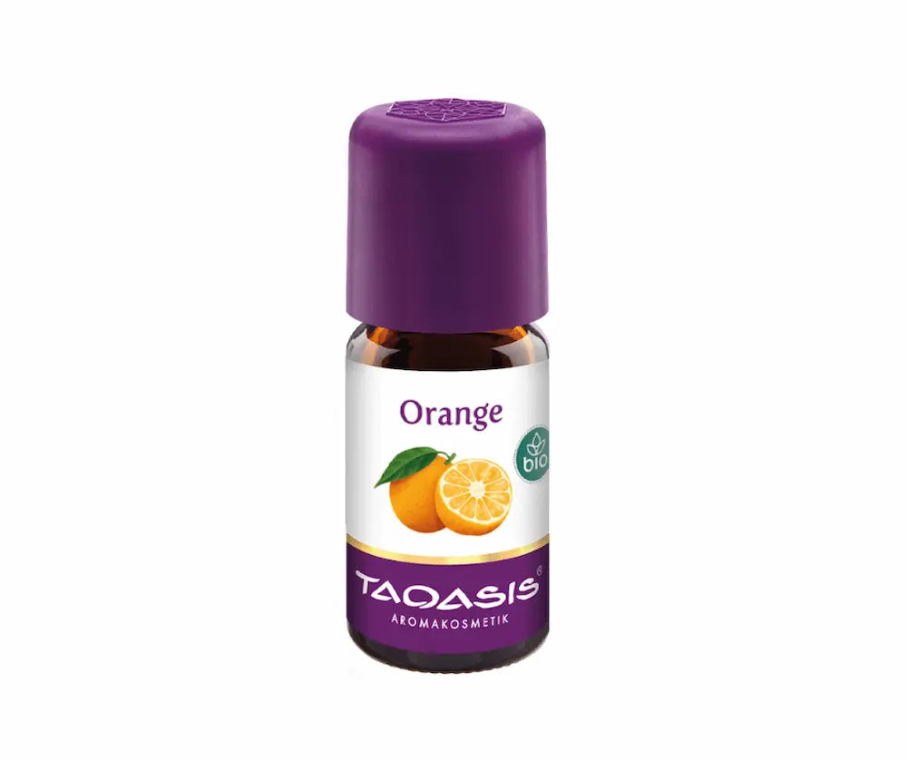 Taoasis Orange Bio ätherisches Öl in Braunglasflasche mit violettem Deckel, Etikett mit Orangenmotiv und Bio-Siegel, Vorderansicht