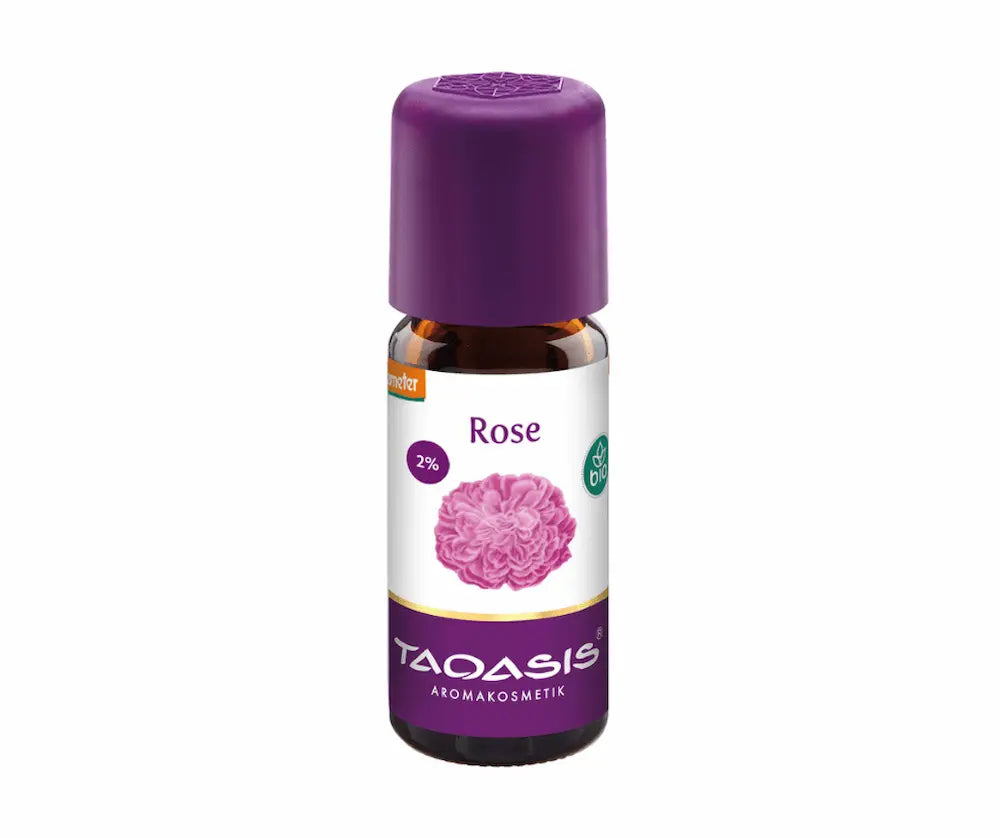 Taoasis Rose 2% Bio ätherisches Öl in brauner Glasflasche mit lila Verschluss, Demeter-zertifiziert, Aromakosmetik