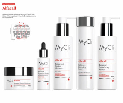 MyCli Alfacall Pflegeserie zur Hauterneuerung mit Creme, Serum, Cleanser, Toner und Lotion in weißen Verpackungen