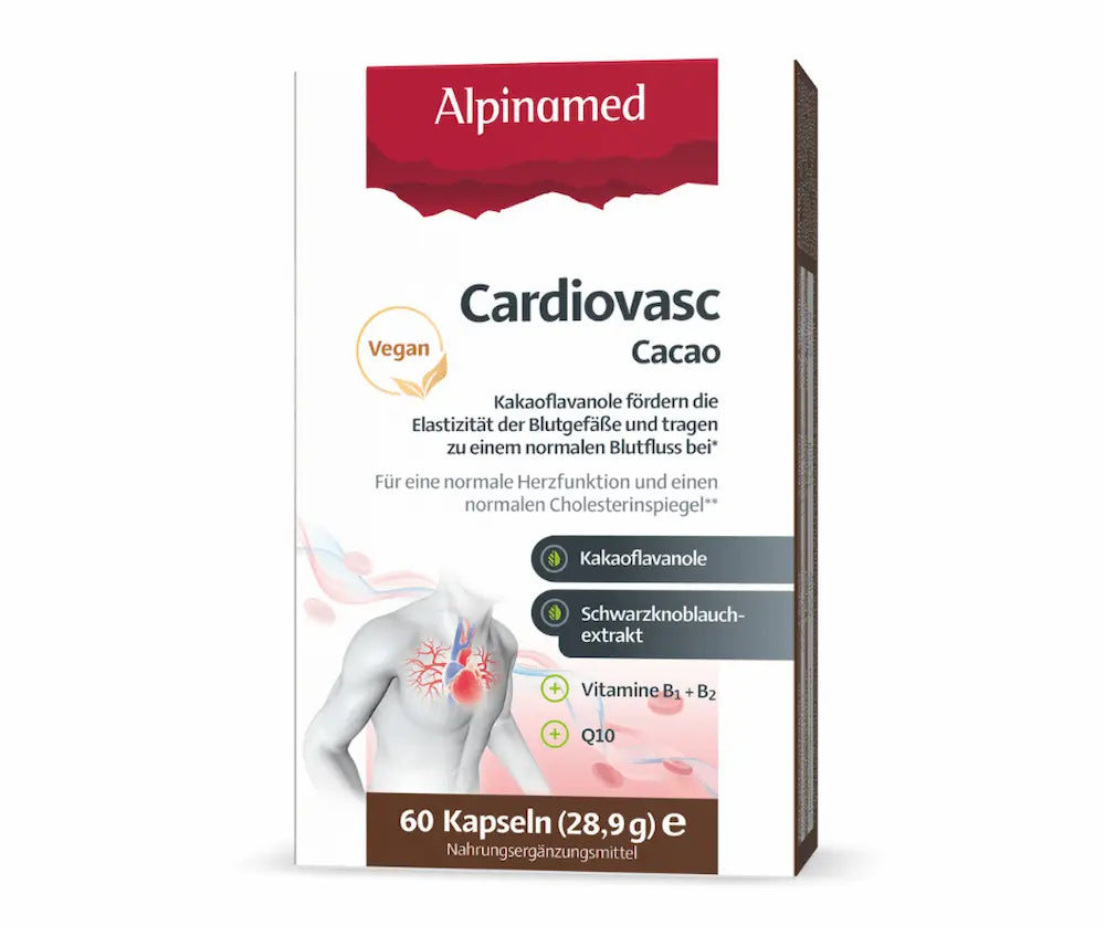 Alpinamed Cardiovasc Cacao, Verpackung mit 60 Kapseln, vegan, mit Kakaoflavanolen, Schwarzknoblauchextrakt, Vitamin B1, B2 und Q10.