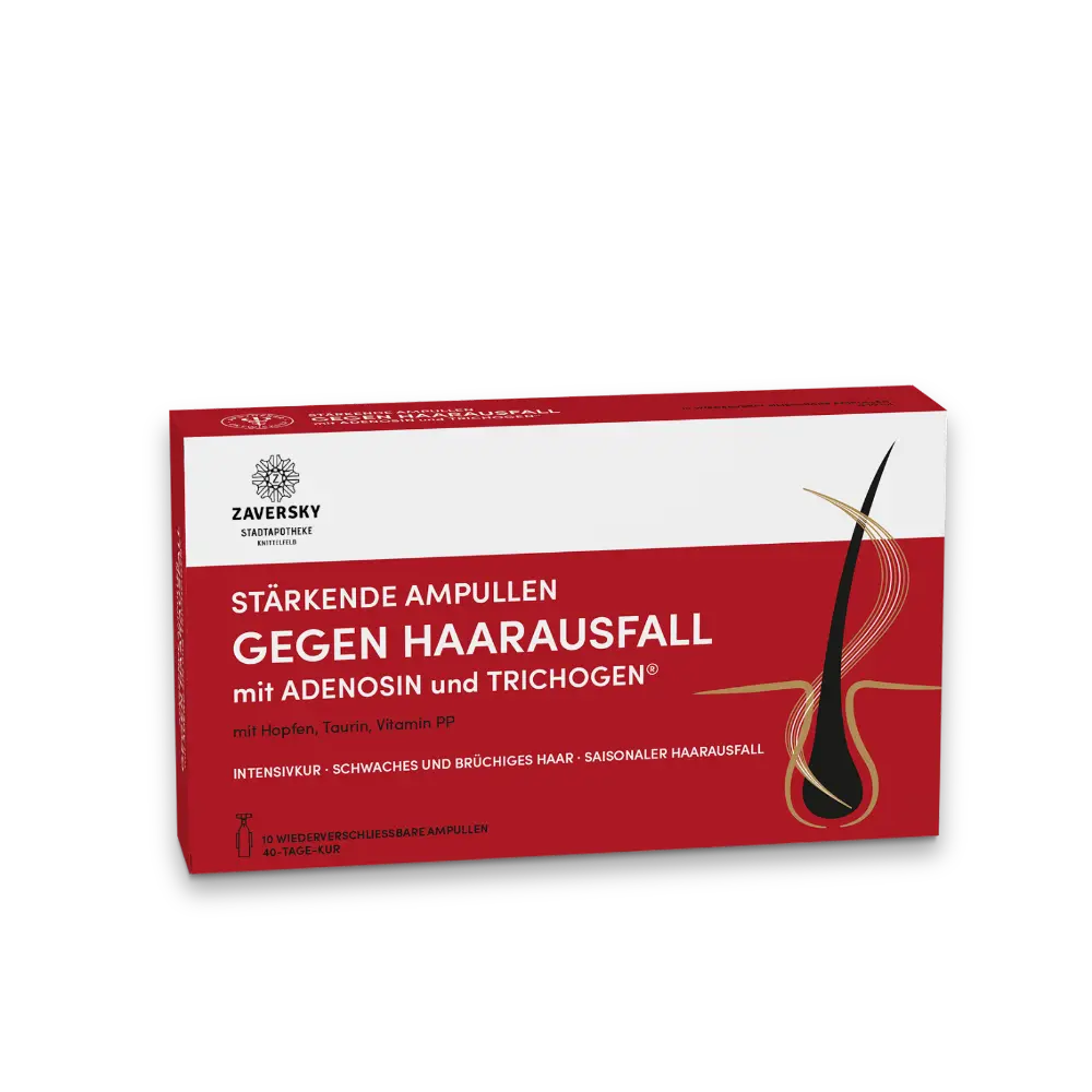  Rot-weiße Faltschachtel Zaversky Stärkende Ampullen gegen Haarausfall mit Adenosin und Trichogen, Grafik einer Haarwurzel