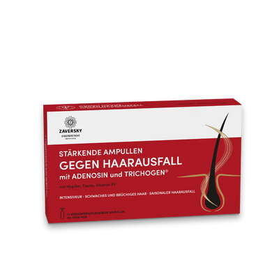  Rot-weiße Faltschachtel Zaversky Stärkende Ampullen gegen Haarausfall mit Adenosin und Trichogen, Grafik einer Haarwurzel