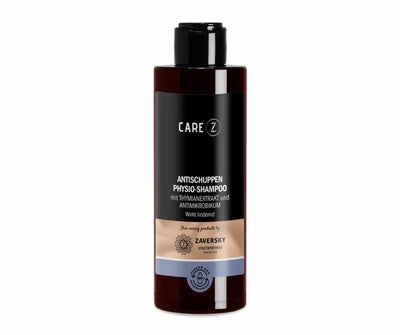 Care Z Antischuppen Physio-Shampoo mit Thymianextrakt und Antimikrobikum in brauner Flasche mit schwarzem Etikett, Vorderansicht