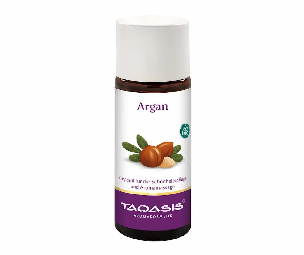 Taoasis Argan Körperöl in brauner Glasflasche mit weißem Verschluss, Bio-Siegel und Arganfrüchten auf dem Etikett, Vorderansicht