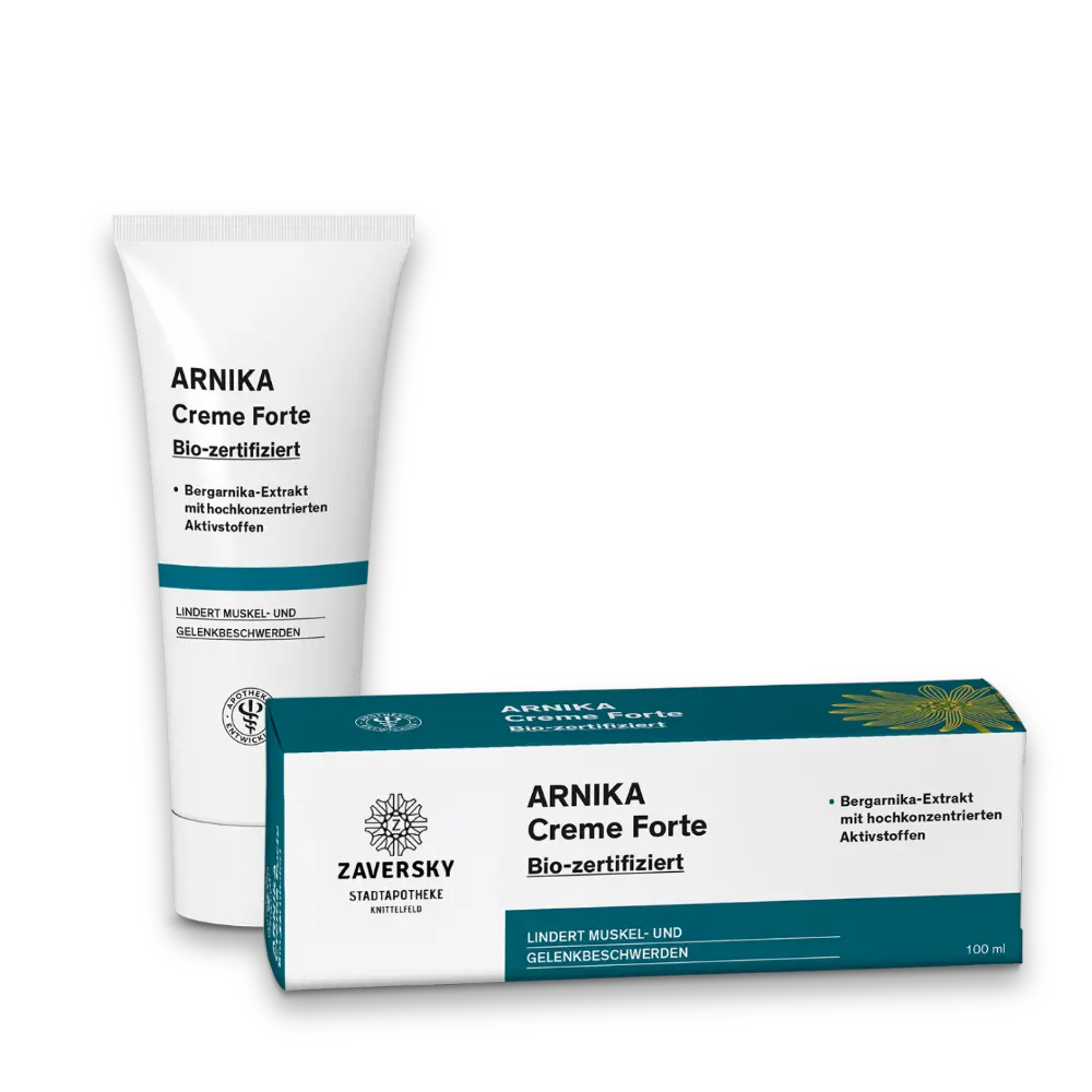 Zaversky Arnika Creme Forte, weiße Tube und petrolfarbene Verpackung mit Bergarnika-Extrakt, bio-zertifiziert, 100 ml.