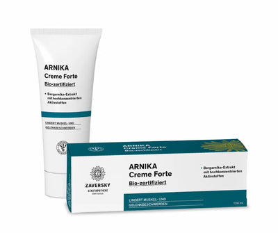 Arnika Creme Forte Bio-zertifiziert von Zaversky, weiße Tube und Verpackung in Weiß-Türkis, 100 ml, Vorderansicht