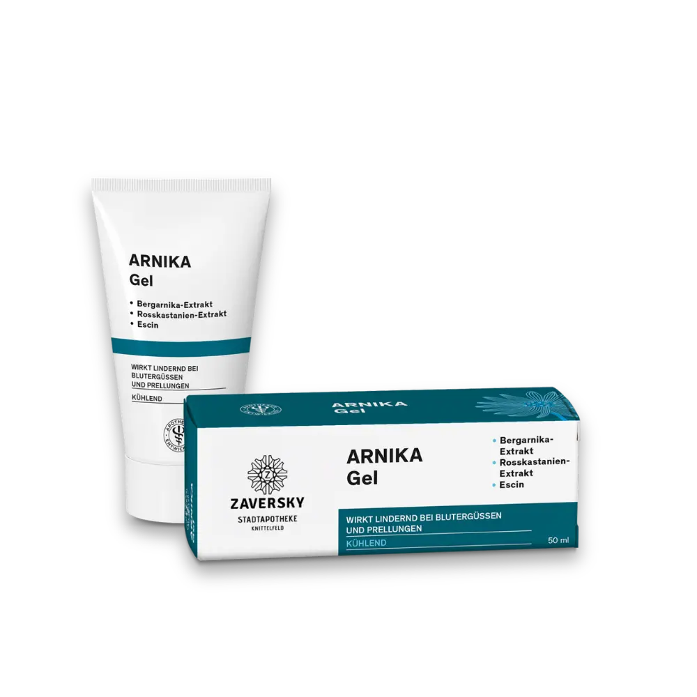 Zaversky Arnika Gel, weiße Tube und petrolfarbene Verpackung mit Aufdruck Bergarnika-Extrakt, Rosskastanien-Extrakt und Escin, 50 ml