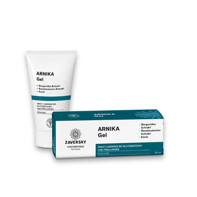 Zaversky Arnika Gel, weiße Tube und petrolfarbene Verpackung mit Aufdruck Bergarnika-Extrakt, Rosskastanien-Extrakt und Escin, 50 ml