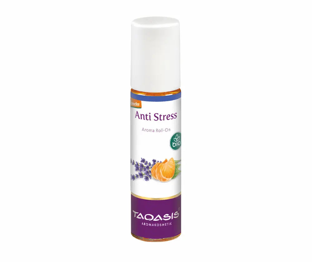 Taoasis Anti Stress Aroma Roll-On in violetter Verpackung mit Lavendel- und Mandarinenmotiv, Demeter- und Bio-Siegel, Vorderansicht