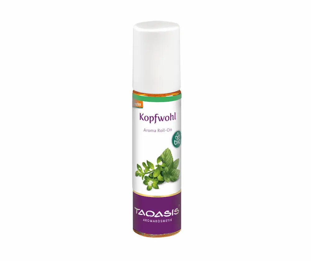 Taoasis Kopfwohl Aroma Roll-On in schlanker Glasflasche mit weißer Roll-On-Kappe, Bio-Siegel und Kräuterabbildung auf violettem Etikett
