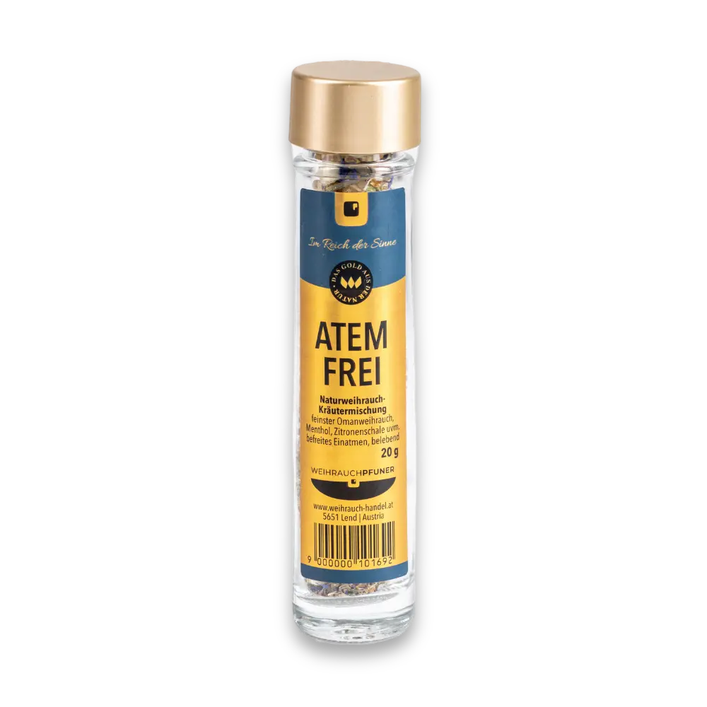 Glasflasche mit goldener Kappe und Etikett „Atem Frei“ Naturweihrauch-Kräutermischung mit Omanweihrauch und Menthol, 20 g, Vorderansicht