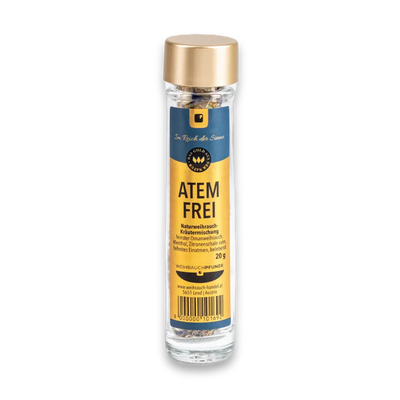 Glasflasche mit goldener Kappe und Etikett „Atem Frei“ Naturweihrauch-Kräutermischung mit Omanweihrauch und Menthol, 20 g, Vorderansicht