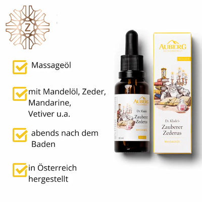 Infografik zu AUBERG Zauberer Zederus Massageöl mit Pipettenflasche und Verpackung sowie vier Vorteils-Checkpunkten zu Anwendung und Inhaltsstoffen.