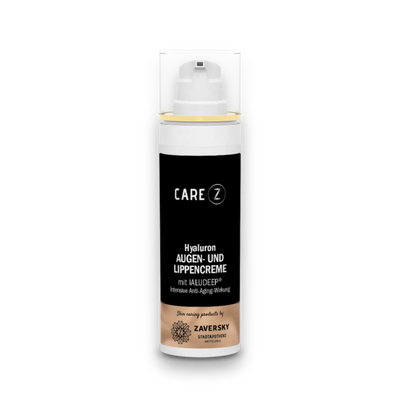  CARE Z Hyaluron Augen- und Lippencreme mit IALUDEEP, weißer Pumpspender, schwarz-beiges Etikett von Zaversky.