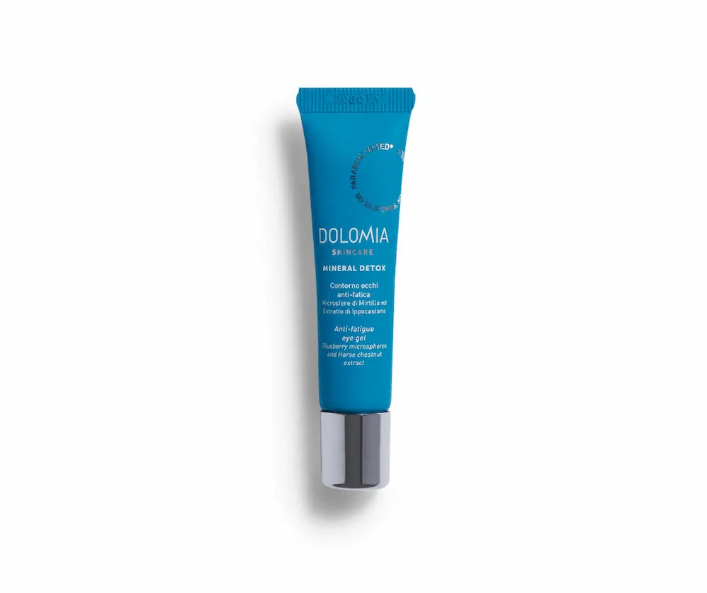 Dolomia Skincare Mineral Detox Anti-Fatigue Augen-Roll-on, blaue Tube mit silbernem Applikator-Verschluss, Vorderansicht