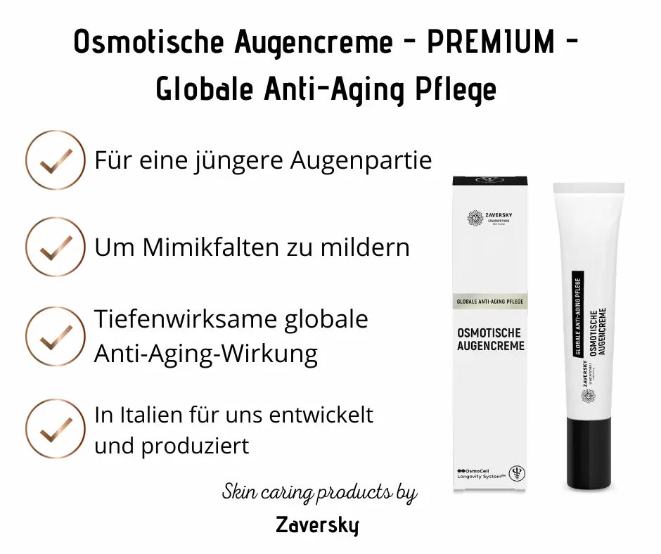Infografik zur Osmotischen Augencreme von Zaversky mit weißer Tube, Verpackung und vier Vorteilen wie jüngerer Augenpartie und Faltenmilderung