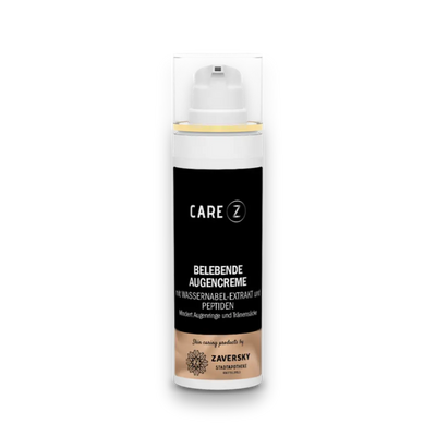 CARE Z Belebende Augencreme mit Wassernabel-Extrakt und Peptiden, weißer Pumpspender mit schwarzem Etikett, Zaversky Stadtapotheke Knittelfeld.