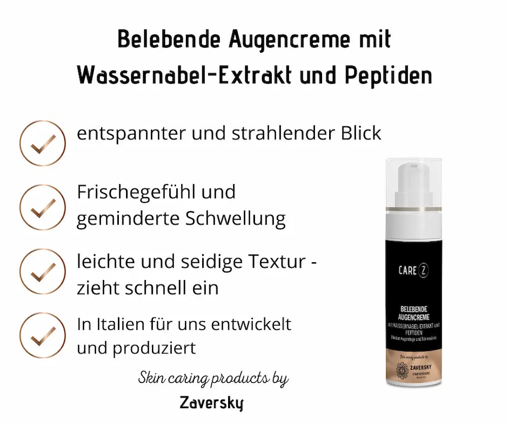 Belebende Augencreme von CARE Z mit Wassernabel-Extrakt und Peptiden, schwarze Pumpspender-Flasche neben vier Vorteilen als Infografik