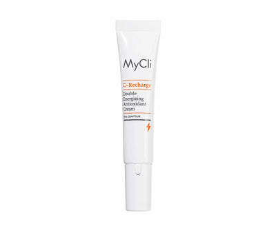 MyCli C-Recharge Double Energizing Antioxidant Cream Eye Contour in weißer Tube mit orangefarbenen Details, Vorderansicht
