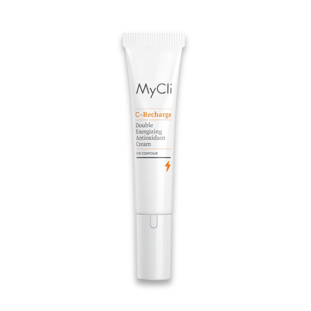 MyCli C-Recharge Double Energizing Antioxidant Cream Eye Contour in weißer Tube mit orangefarbenen Details, Vorderansicht