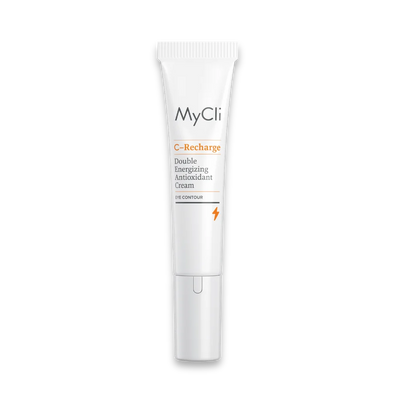 MyCli C-Recharge Double Energizing Antioxidant Cream Eye Contour in weißer Tube mit orangefarbenen Details, Vorderansicht