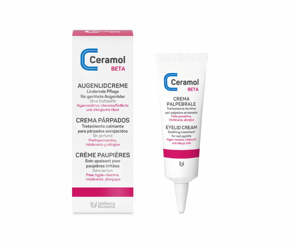 Ceramol BETA Augenlidcreme, weiße Tube mit pinkem Akzent neben Faltschachtel, lindernde Pflege für gerötete Augenlider, ohne Duftstoffe