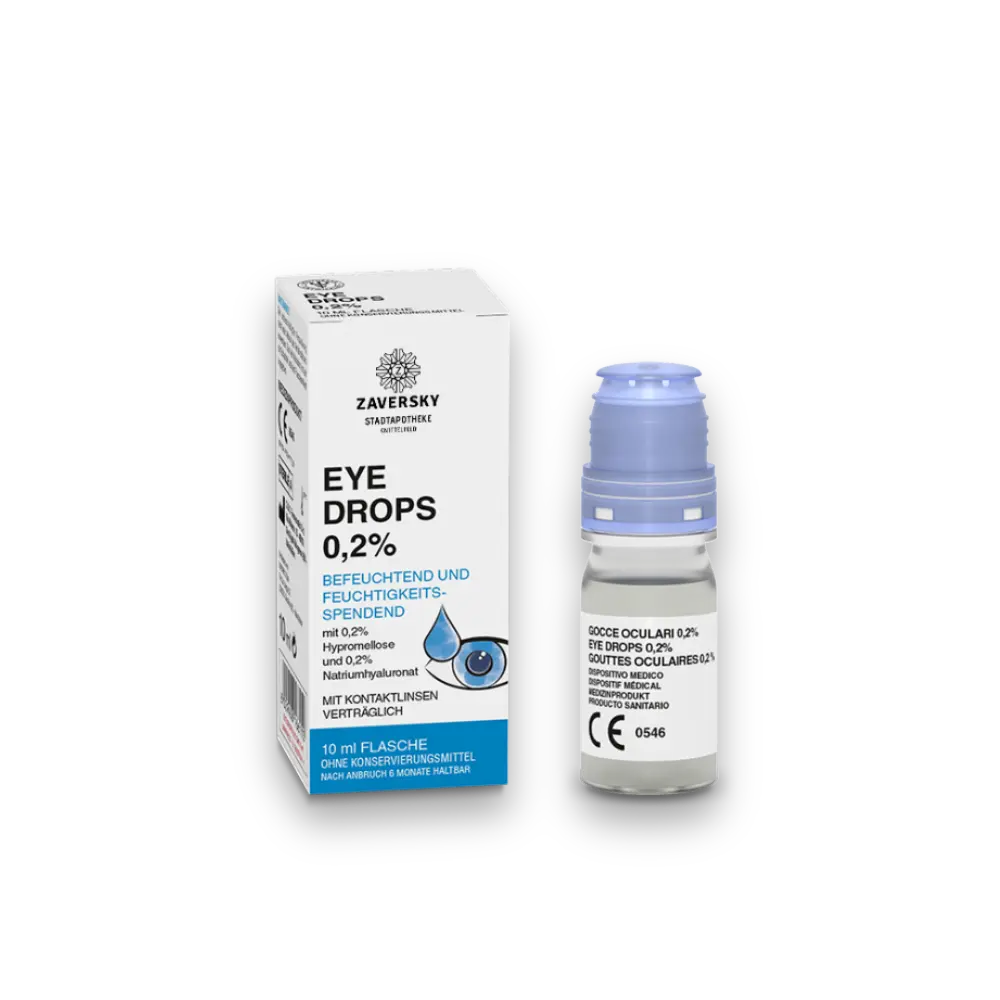 Zaversky Eye Drops 0,2% befeuchtende Augentropfen, weiße Faltschachtel mit blauem Akzent neben 10 ml Flasche mit hellblauem Deckel