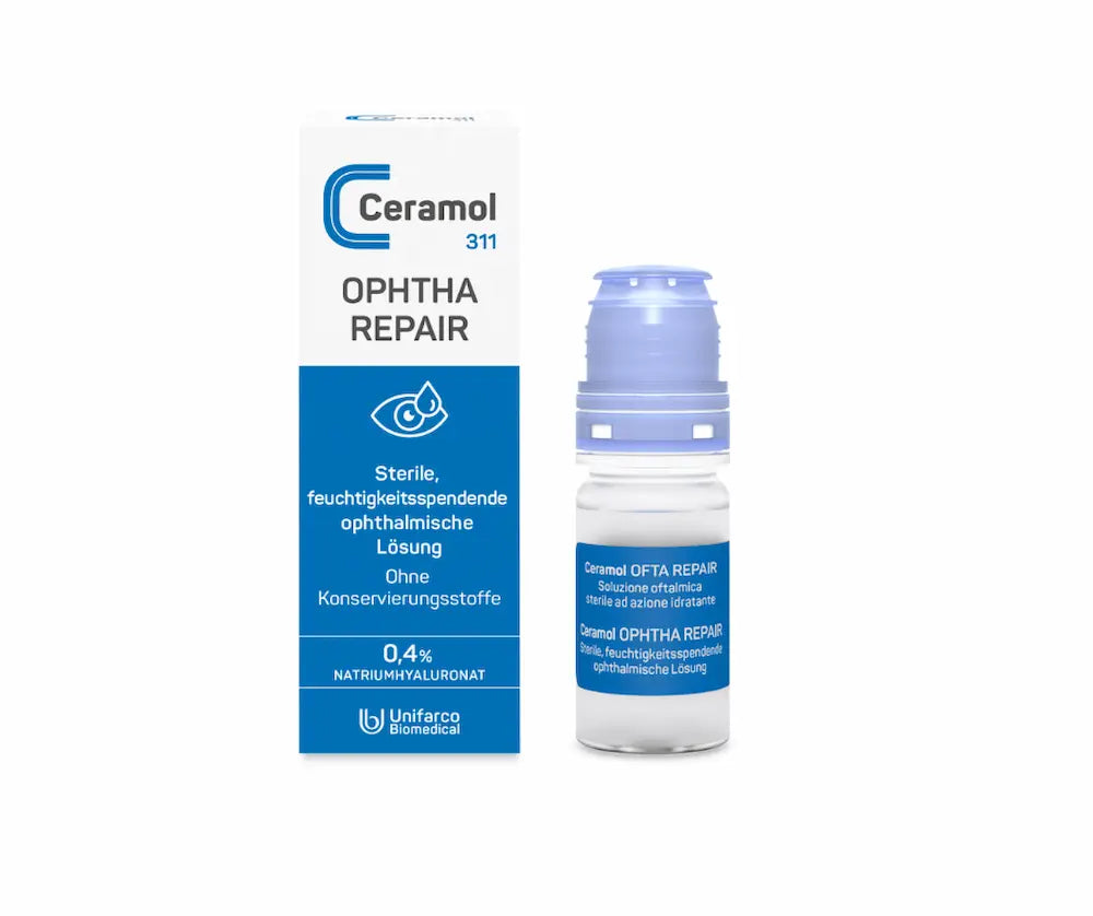 Ceramol 311 Ophtha Repair Augentropfen mit 0,4 % Natriumhyaluronat, sterile feuchtigkeitsspendende Lösung, Flasche und Verpackung in der Vorderansicht
