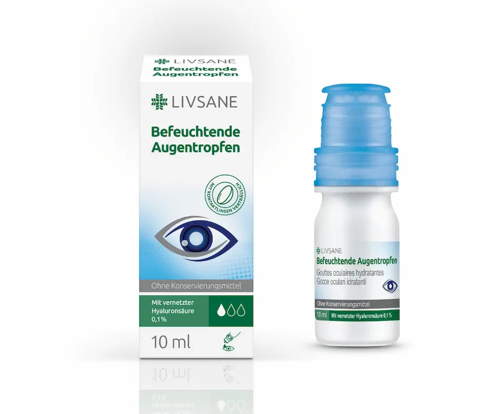 LIVSANE Befeuchtende Augentropfen, weiße Faltschachtel und Flasche mit blauem Verschluss, ohne Konservierungsmittel, 10 ml